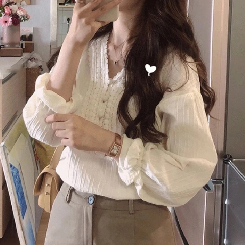 Korean Style Women's White V Neck Lace Trim Blouse Puff Sleeve Button Detail Textured Casual Top Sweet Long Sleeve School Shirt