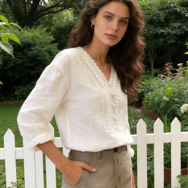 Korean Style Women's White V Neck Lace Trim Blouse Puff Sleeve Button Detail Textured Casual Top Sweet Long Sleeve School Shirt