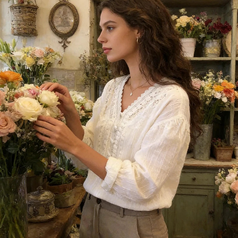 Korean Style Women's White V Neck Lace Trim Blouse Puff Sleeve Button Detail Textured Casual Top Sweet Long Sleeve School Shirt