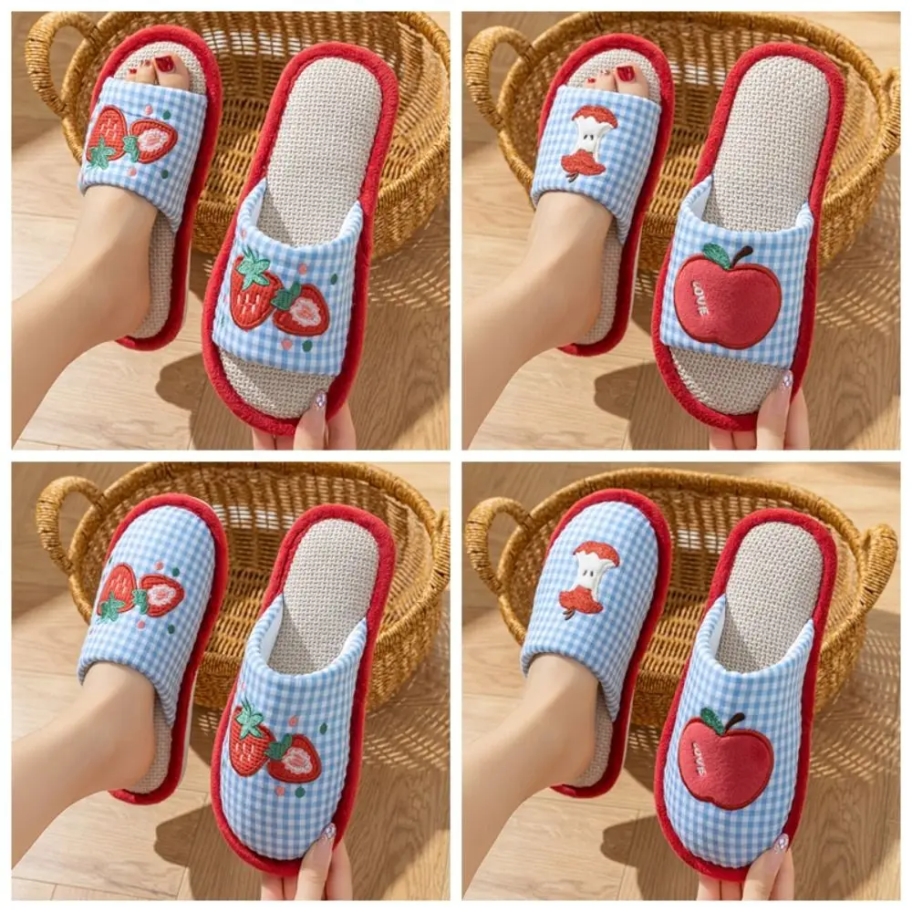 Comfortable Strawberry House Linen Slippers Anti-slip Grid Stripe Indoor Slippers Flax Soft Sole Sweet Slippers Women Bedroom