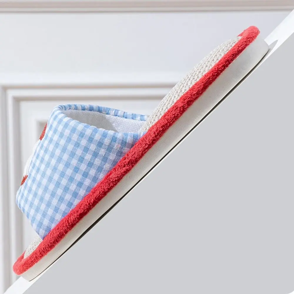 Comfortable Strawberry House Linen Slippers Anti-slip Grid Stripe Indoor Slippers Flax Soft Sole Sweet Slippers Women Bedroom