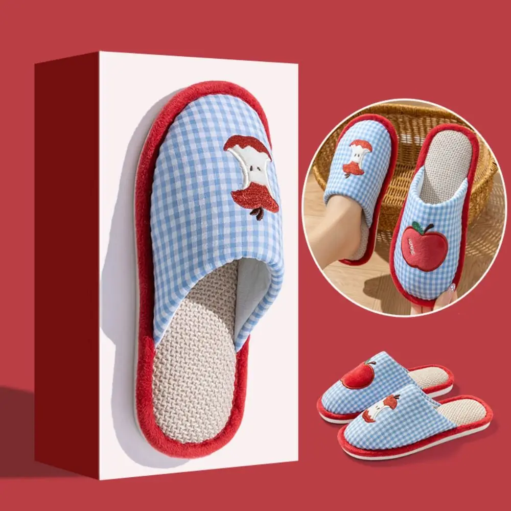 Comfortable Strawberry House Linen Slippers Anti-slip Grid Stripe Indoor Slippers Flax Soft Sole Sweet Slippers Women Bedroom