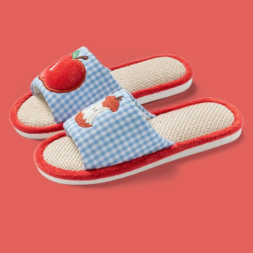 Comfortable Strawberry House Linen Slippers Anti-slip Grid Stripe Indoor Slippers Flax Soft Sole Sweet Slippers Women Bedroom