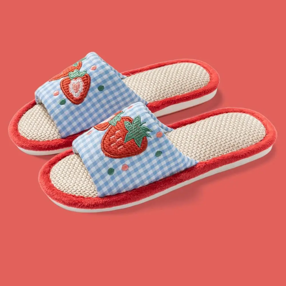 Comfortable Strawberry House Linen Slippers Anti-slip Grid Stripe Indoor Slippers Flax Soft Sole Sweet Slippers Women Bedroom