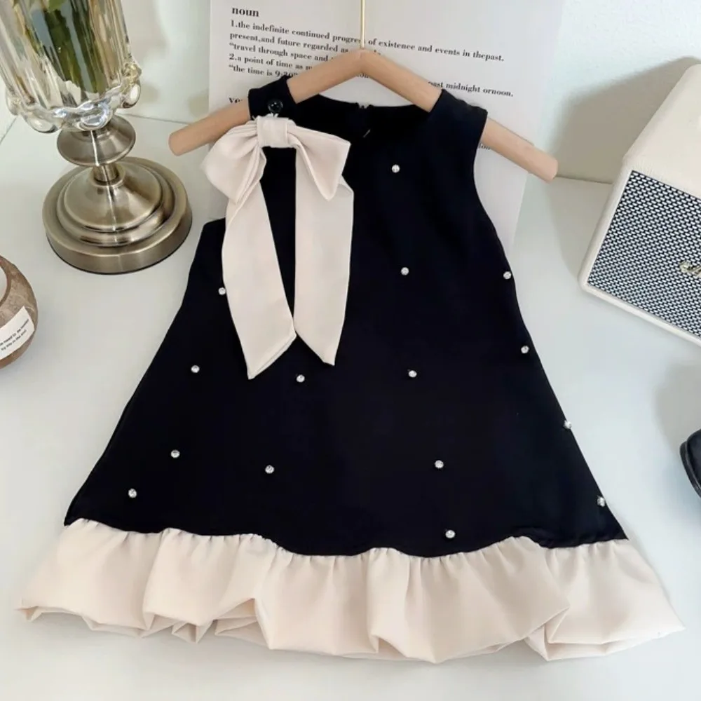 Korean Version Fashion Black Hepburn Style Round Neck Sleeveless Polka Dot Bow Princess Dress for Girls' Birthday Parties