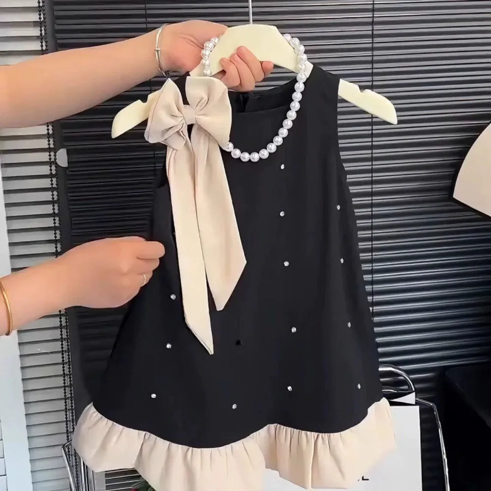 Korean Version Fashion Black Hepburn Style Round Neck Sleeveless Polka Dot Bow Princess Dress for Girls' Birthday Parties
