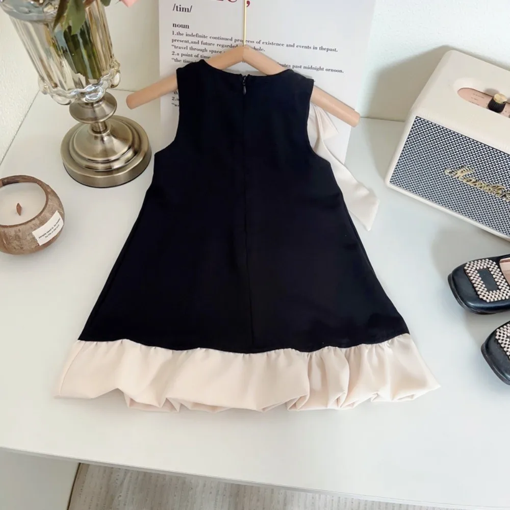Korean Version Fashion Black Hepburn Style Round Neck Sleeveless Polka Dot Bow Princess Dress for Girls' Birthday Parties