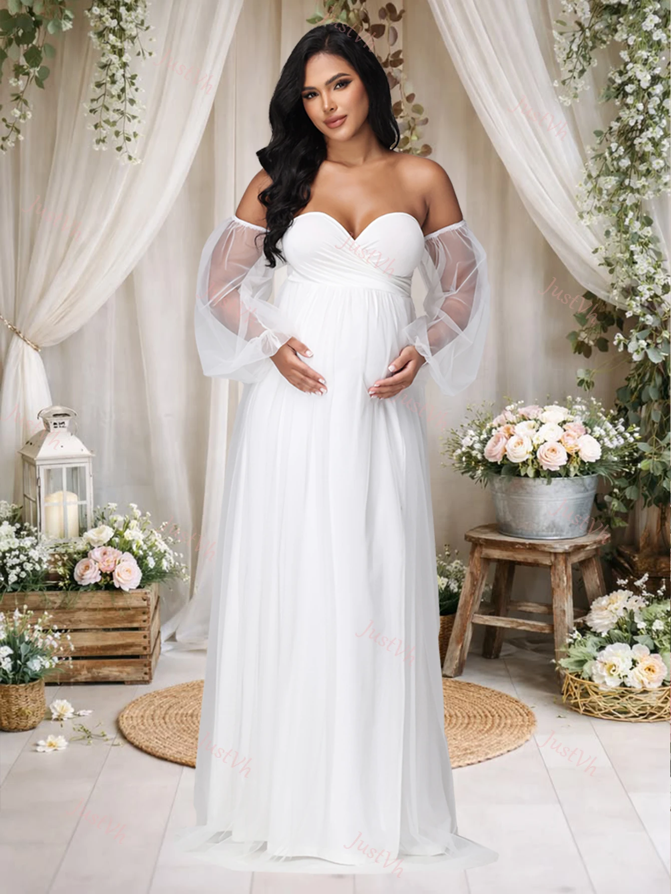 Maternity Sweetheart Neck Puff Sleeves Mesh Dress Side Split Party Gown for Photoshoot