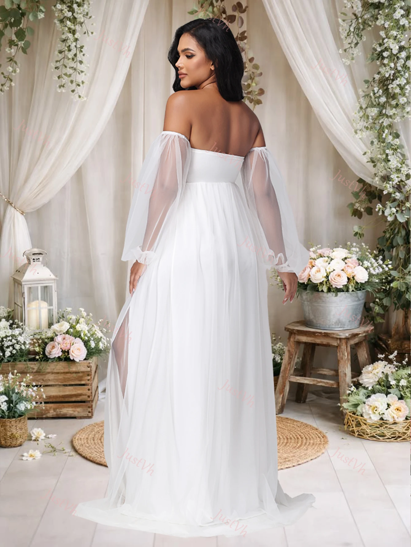 Maternity Sweetheart Neck Puff Sleeves Mesh Dress Side Split Party Gown for Photoshoot