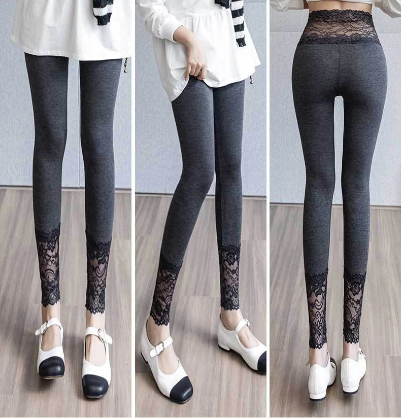 High Waisted Lace Trim Leggings for Women Spring Fall Outwear Gray Slim Fit Stretchy Breathable Underwear Daily Tights