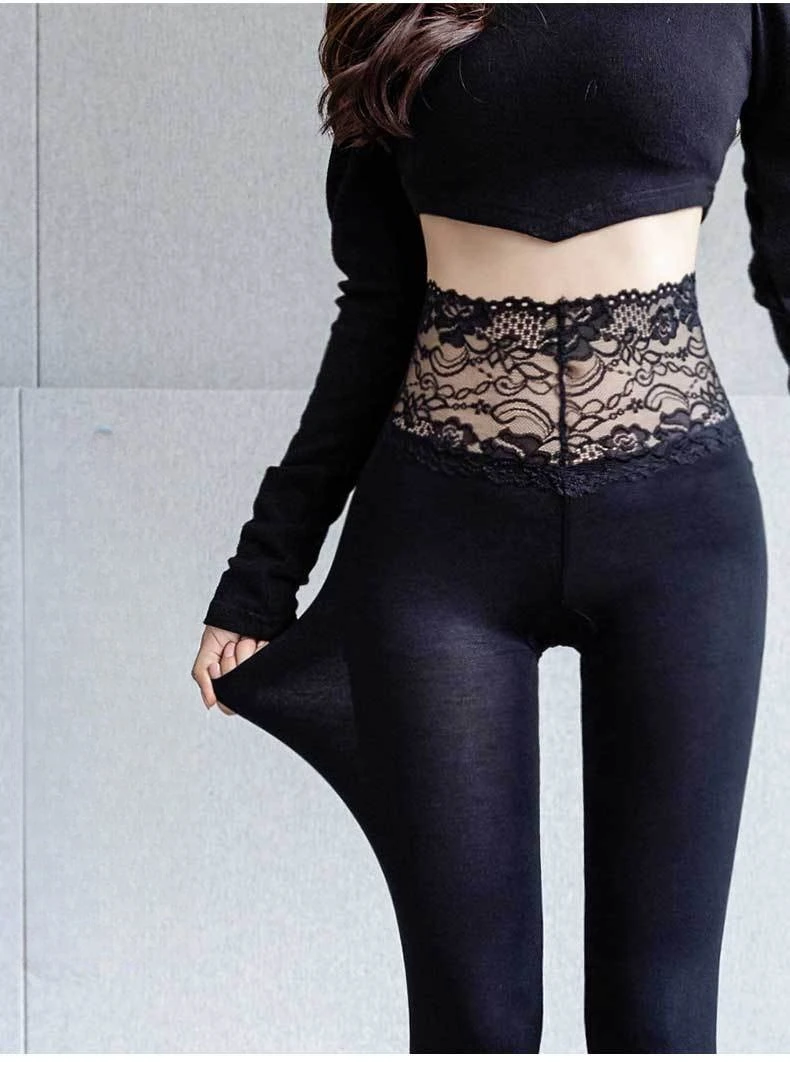 High Waisted Lace Trim Leggings for Women Spring Fall Outwear Gray Slim Fit Stretchy Breathable Underwear Daily Tights