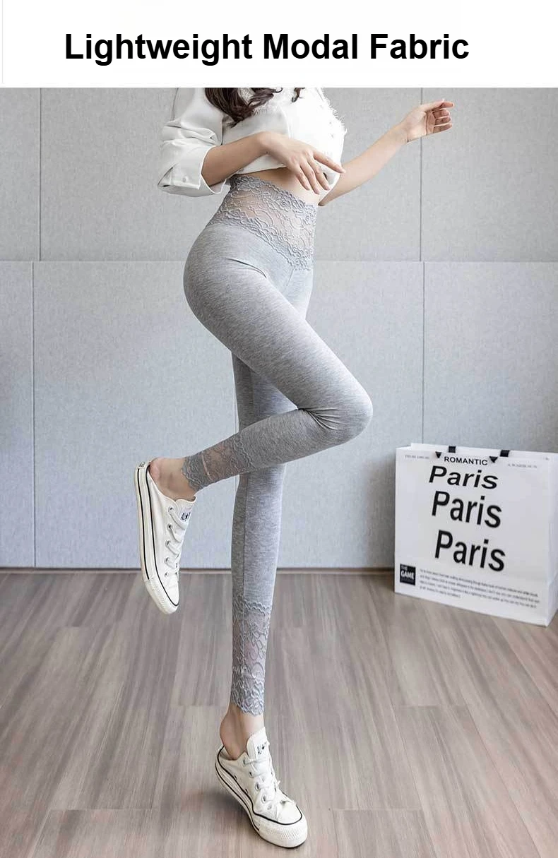 High Waisted Lace Trim Leggings for Women Spring Fall Outwear Gray Slim Fit Stretchy Breathable Underwear Daily Tights