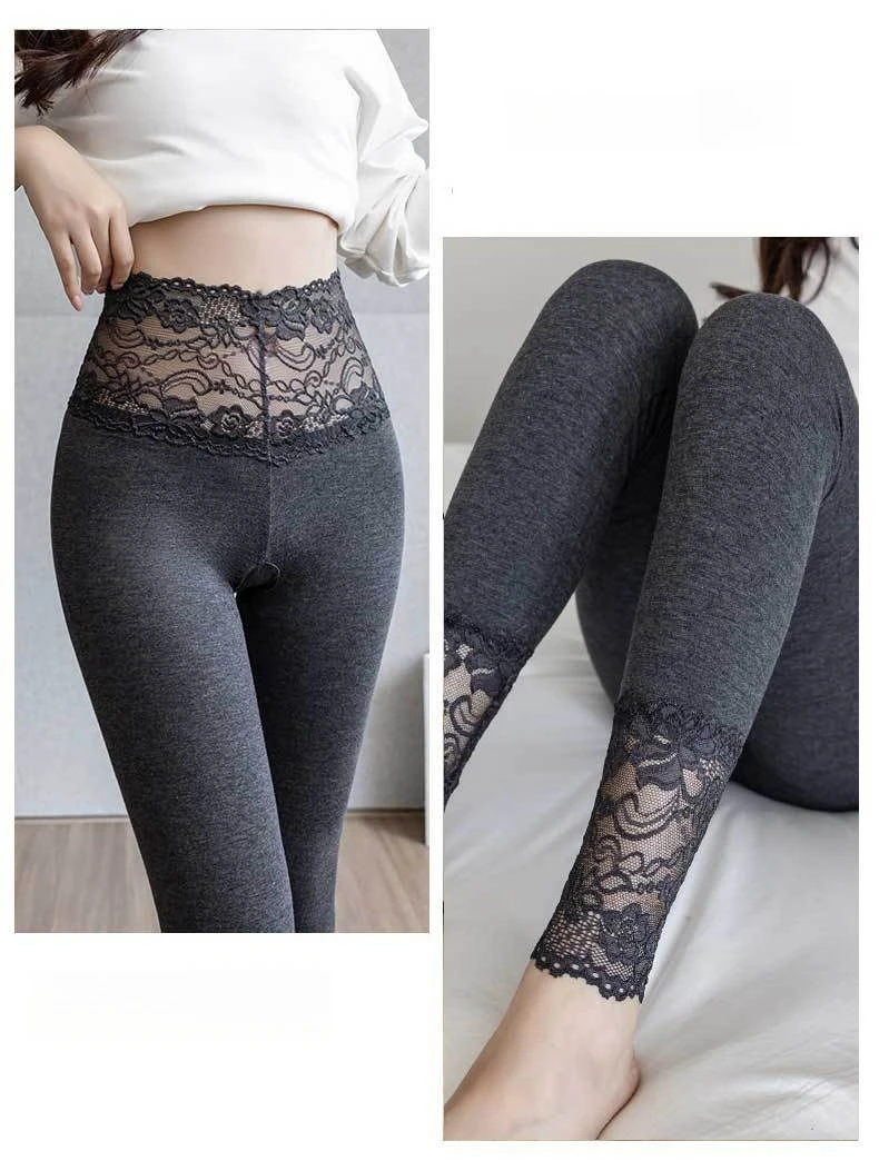 High Waisted Lace Trim Leggings for Women Spring Fall Outwear Gray Slim Fit Stretchy Breathable Underwear Daily Tights