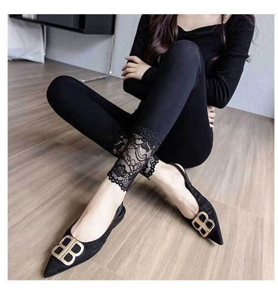 High Waisted Lace Trim Leggings for Women Spring Fall Outwear Gray Slim Fit Stretchy Breathable Underwear Daily Tights