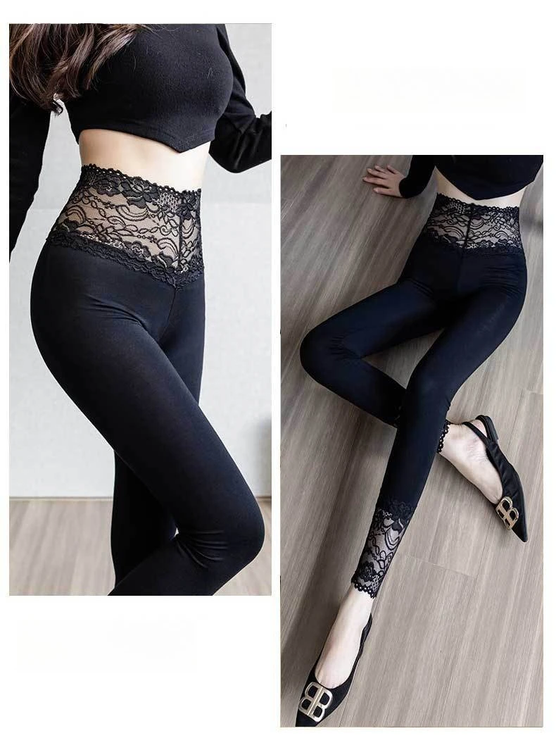 High Waisted Lace Trim Leggings for Women Spring Fall Outwear Gray Slim Fit Stretchy Breathable Underwear Daily Tights