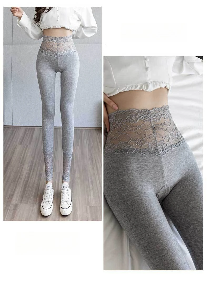 High Waisted Lace Trim Leggings for Women Spring Fall Outwear Gray Slim Fit Stretchy Breathable Underwear Daily Tights