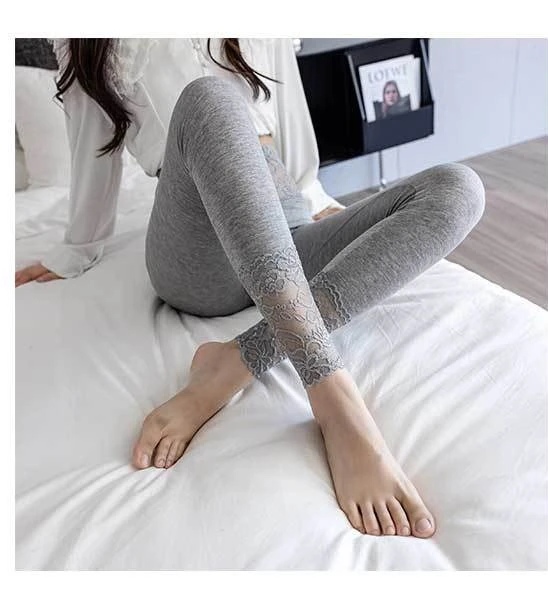 High Waisted Lace Trim Leggings for Women Spring Fall Outwear Gray Slim Fit Stretchy Breathable Underwear Daily Tights