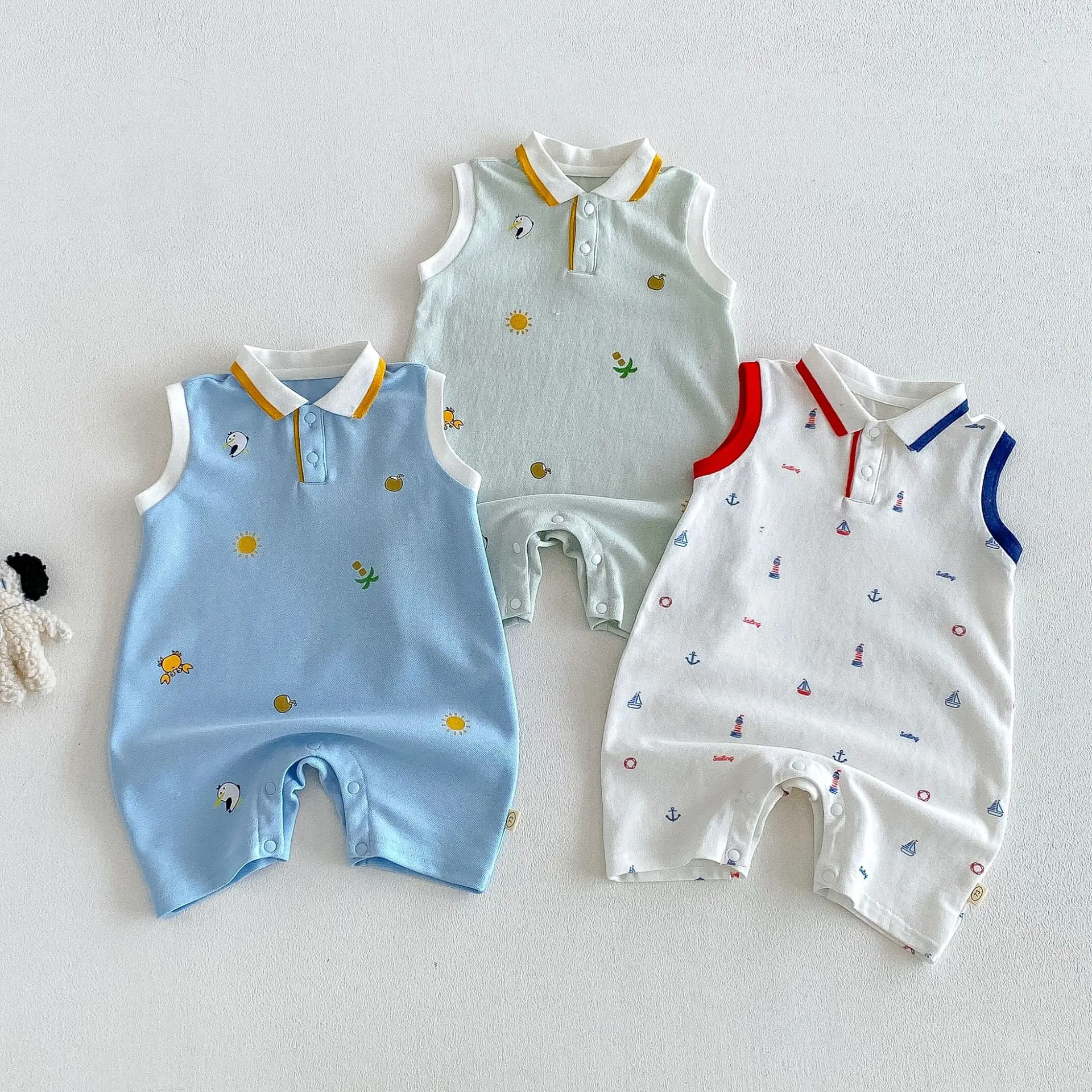 2026 New Summer 0-2Y Baby Clothes Cartoon Print Sleeveless Polo Romper Breathable Mesh Fabric with Placket Snap Closure