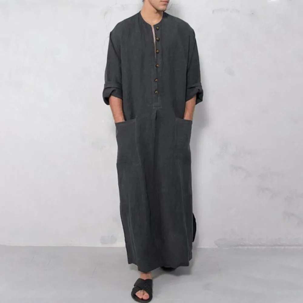 Middle Eastern Mens Thobe Dubai Style Loose Stand Collar Long Sleeve Robe Traditional Islamic Wear