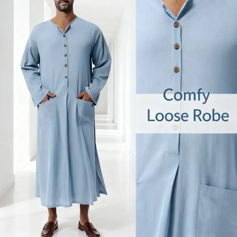 Middle Eastern Mens Thobe Dubai Style Loose Stand Collar Long Sleeve Robe Traditional Islamic Wear