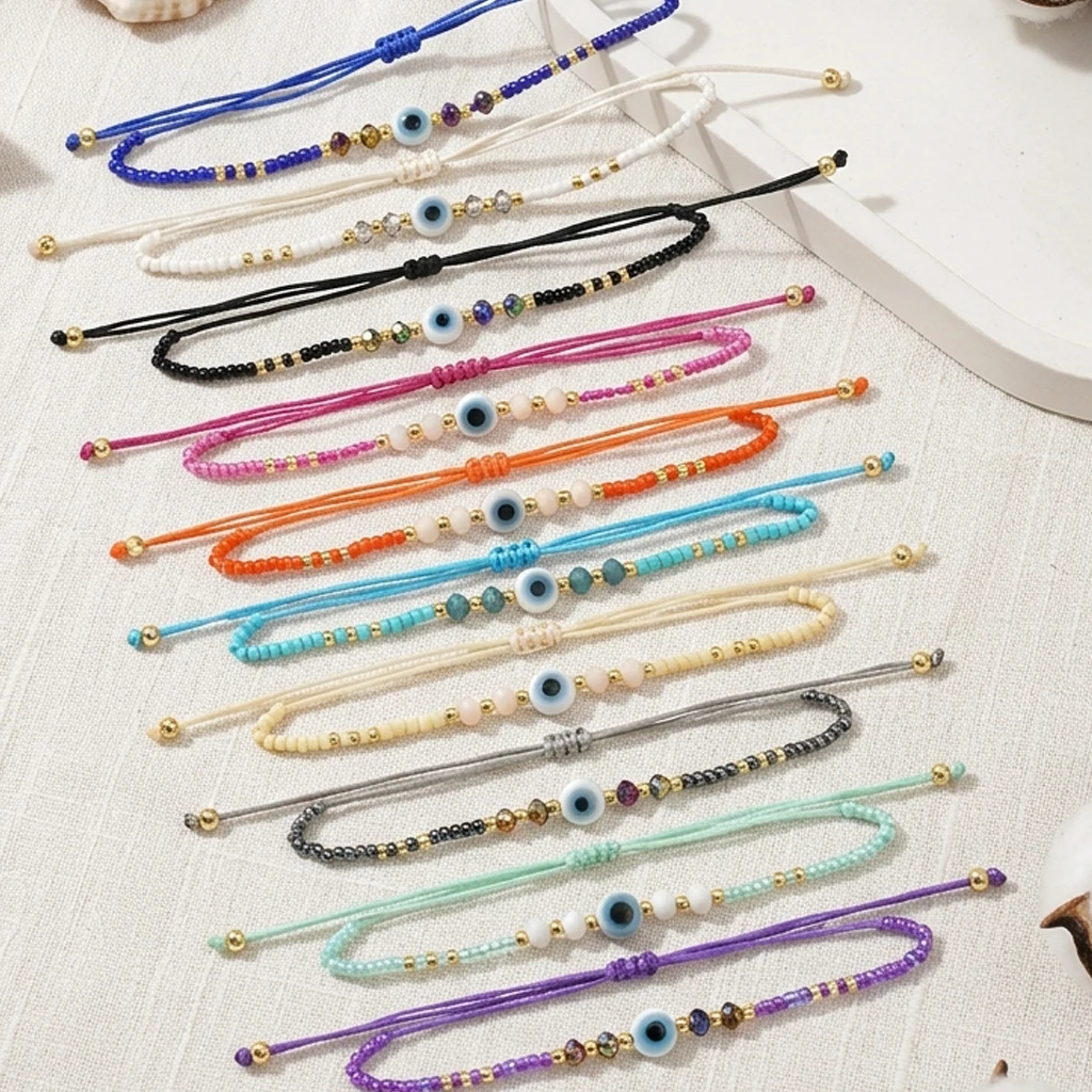 11pcs Glass Beaded Bohemian Evil Eye Bracelet Set Adjustable String Bracelets For Women