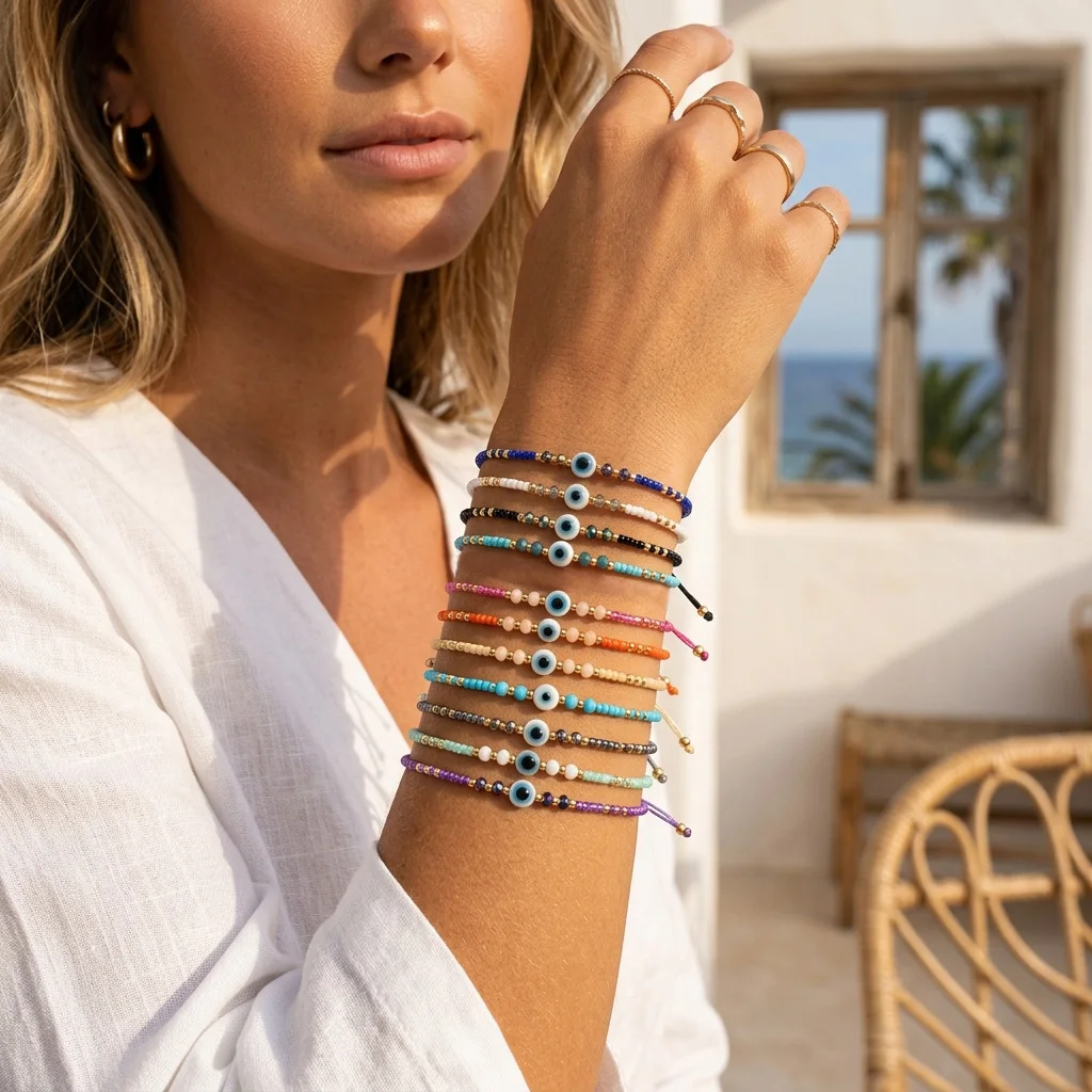 11pcs Glass Beaded Bohemian Evil Eye Bracelet Set Adjustable String Bracelets For Women