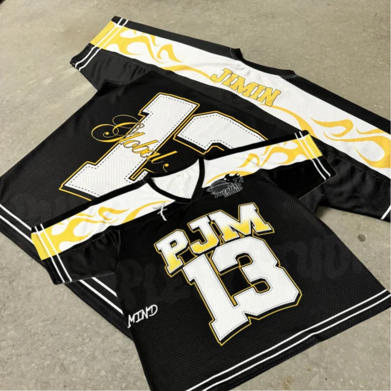 2026 NEW Men's Jimin Inspired "PJM 13" Football Jersey Black & Gold Flame Print Streetwear V-Neck Tee for Fans