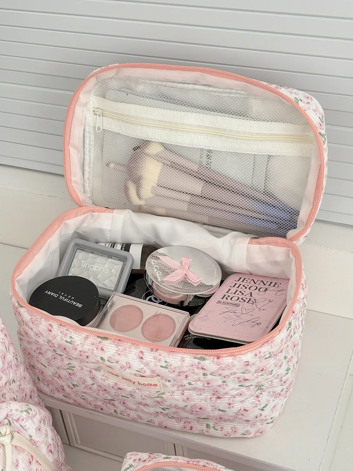 Sweet and Fresh Floral Large Capacity Portable Toiletry Bag Corduroy Pink Peony Makeup Bag New Model