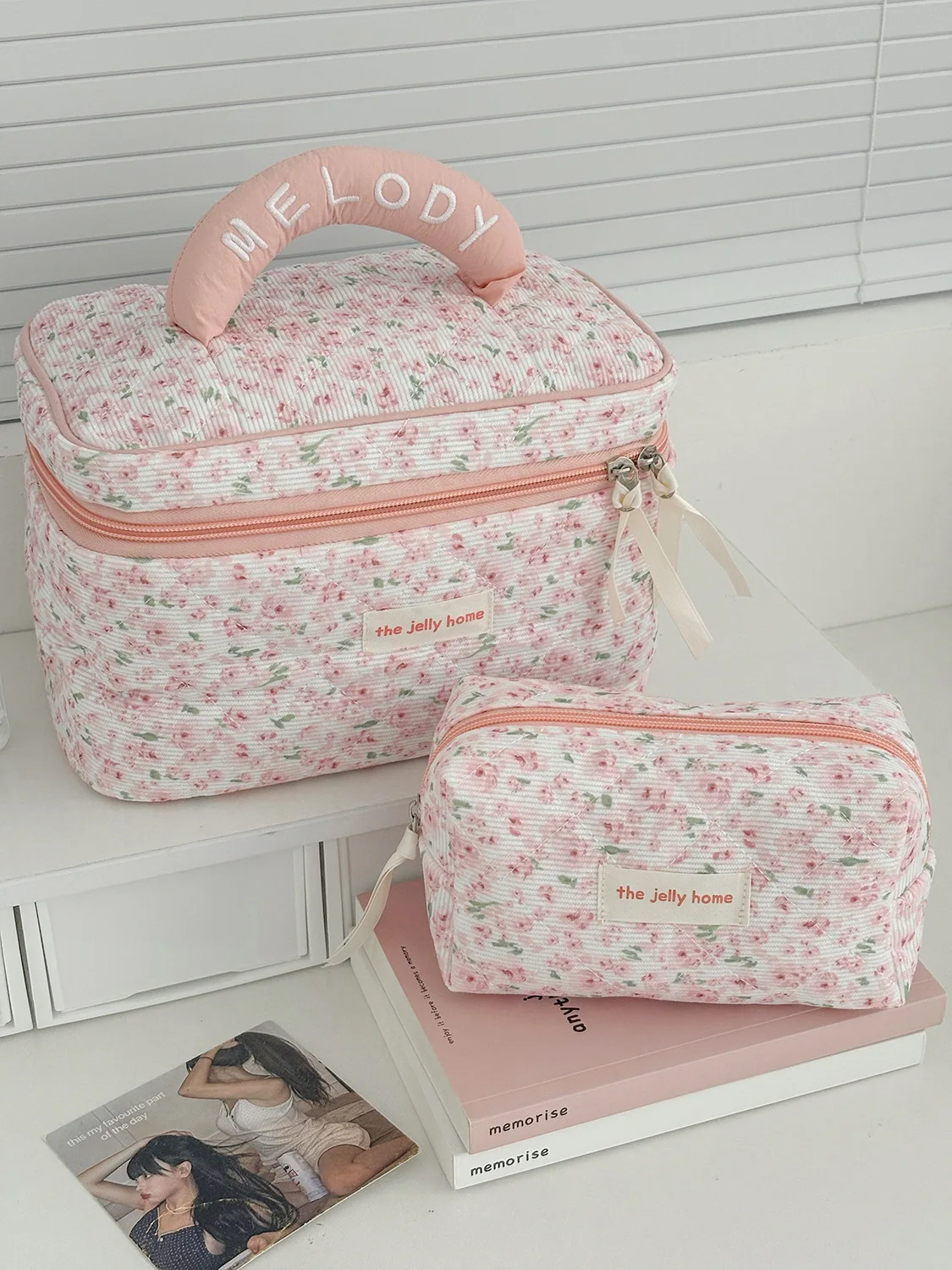 Sweet and Fresh Floral Large Capacity Portable Toiletry Bag Corduroy Pink Peony Makeup Bag New Model