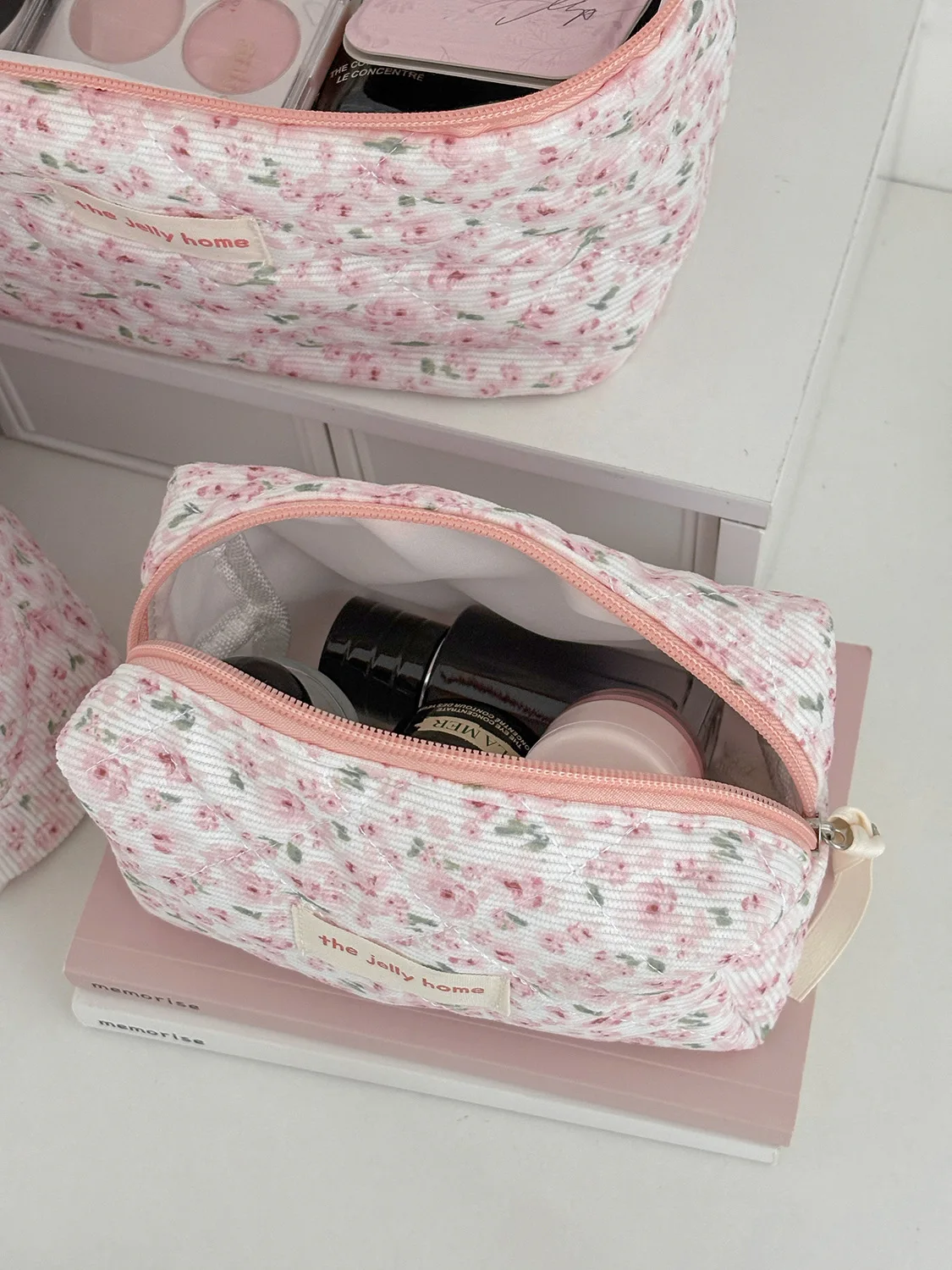 Sweet and Fresh Floral Large Capacity Portable Toiletry Bag Corduroy Pink Peony Makeup Bag New Model