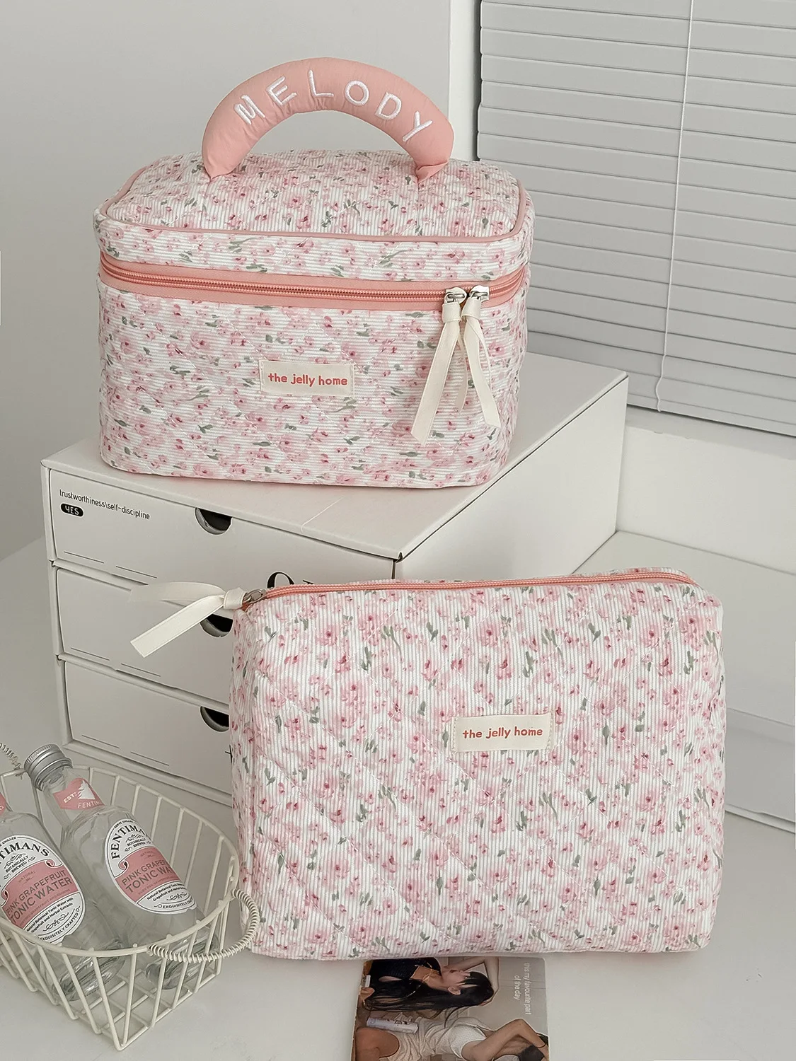 Sweet and Fresh Floral Large Capacity Portable Toiletry Bag Corduroy Pink Peony Makeup Bag New Model