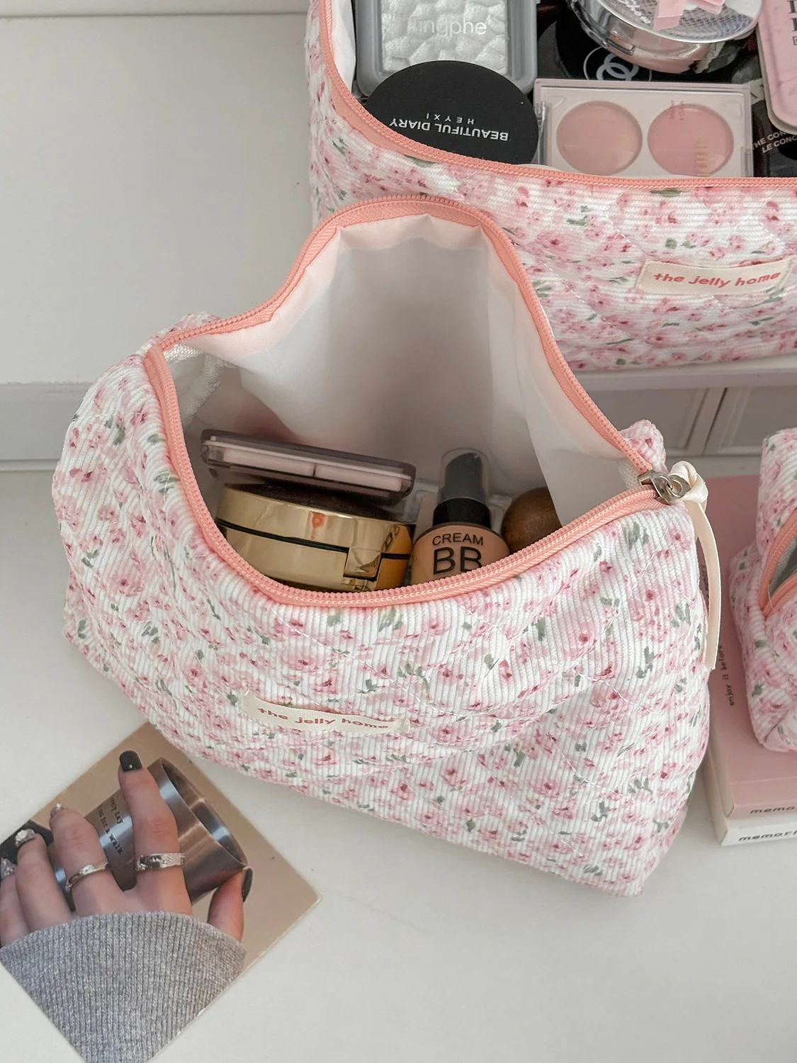 Sweet and Fresh Floral Large Capacity Portable Toiletry Bag Corduroy Pink Peony Makeup Bag New Model