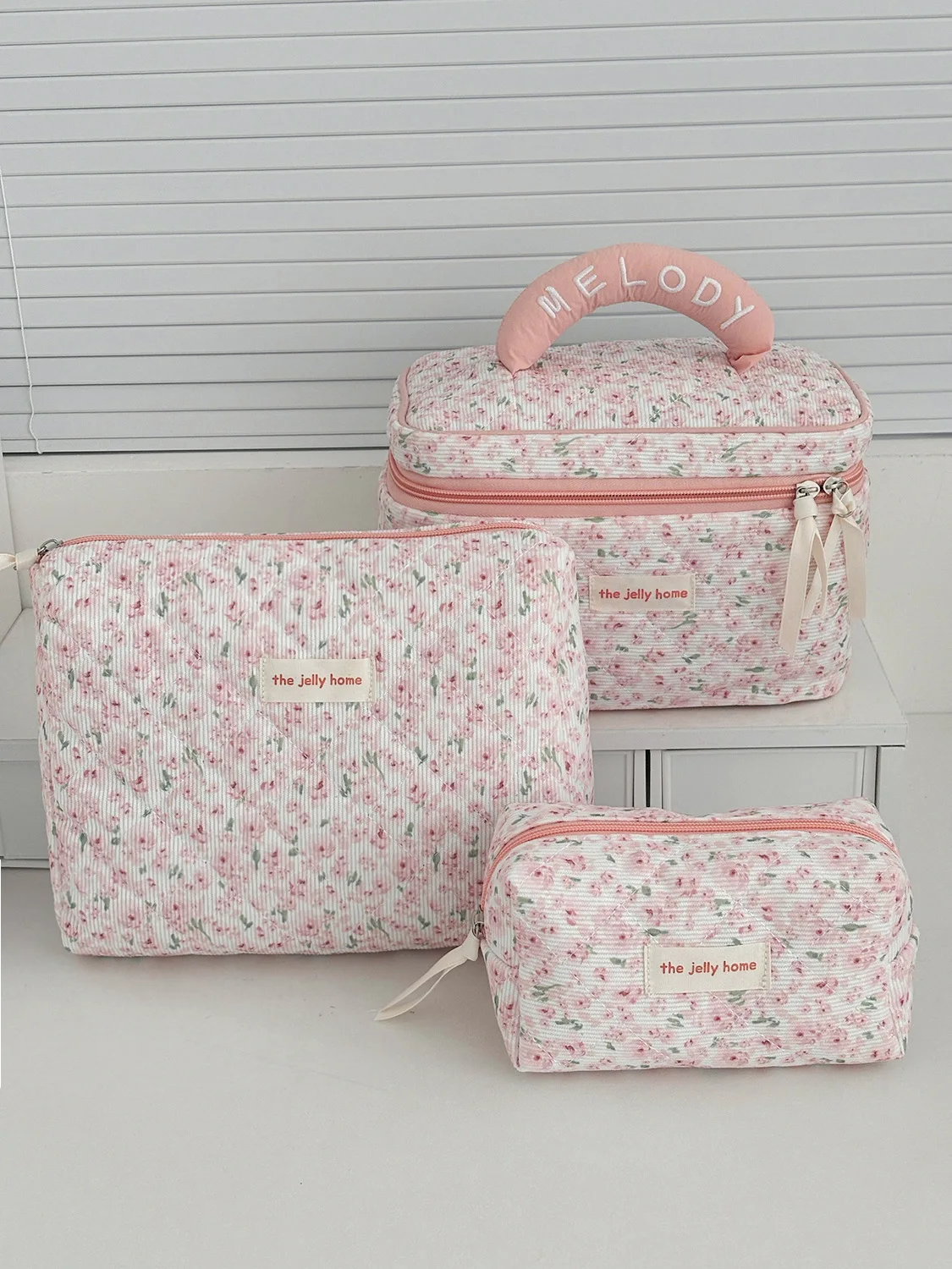 Sweet and Fresh Floral Large Capacity Portable Toiletry Bag Corduroy Pink Peony Makeup Bag New Model