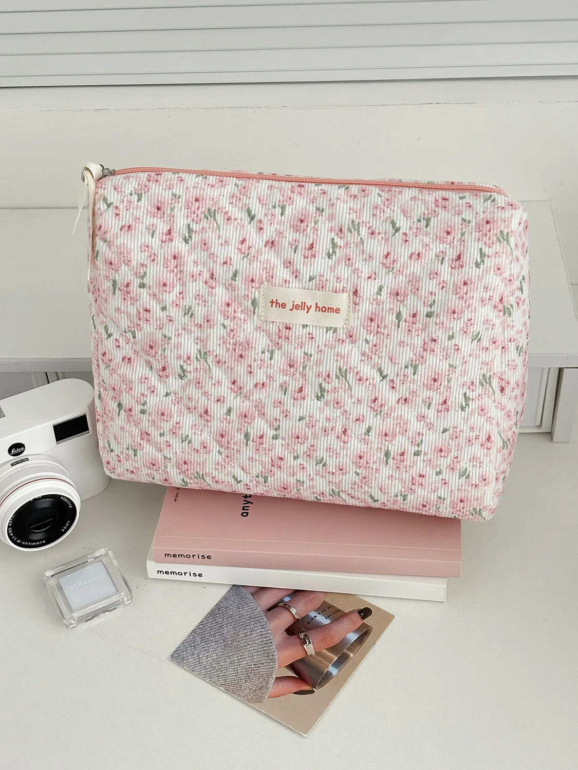 Sweet and Fresh Floral Large Capacity Portable Toiletry Bag Corduroy Pink Peony Makeup Bag New Model