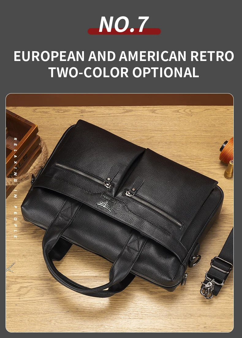 LION VERA Men's Large Capacity Business Commuting Bag Genuine Leather Shoulder Portable Laptop Zipper Crossbody Briefcase