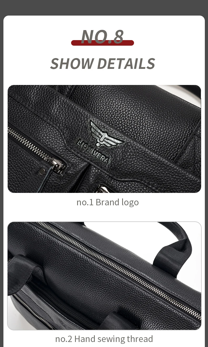 LION VERA Men's Large Capacity Business Commuting Bag Genuine Leather Shoulder Portable Laptop Zipper Crossbody Briefcase