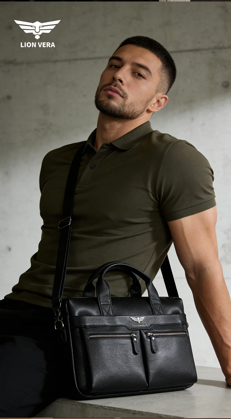 LION VERA Men's Large Capacity Business Commuting Bag Genuine Leather Shoulder Portable Laptop Zipper Crossbody Briefcase