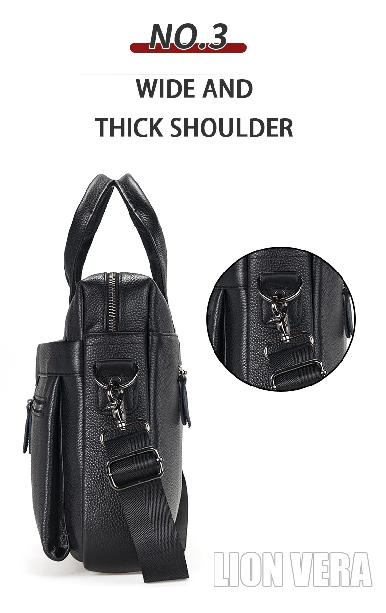 LION VERA Men's Large Capacity Business Commuting Bag Genuine Leather Shoulder Portable Laptop Zipper Crossbody Briefcase
