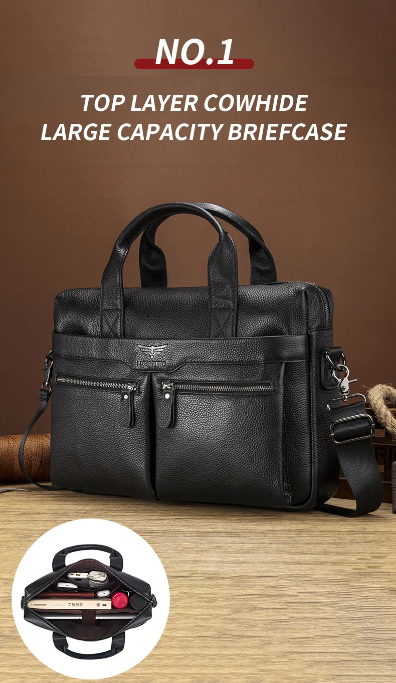 LION VERA Men's Large Capacity Business Commuting Bag Genuine Leather Shoulder Portable Laptop Zipper Crossbody Briefcase