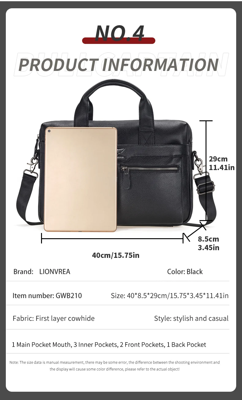 LION VERA Men's Large Capacity Business Commuting Bag Genuine Leather Shoulder Portable Laptop Zipper Crossbody Briefcase