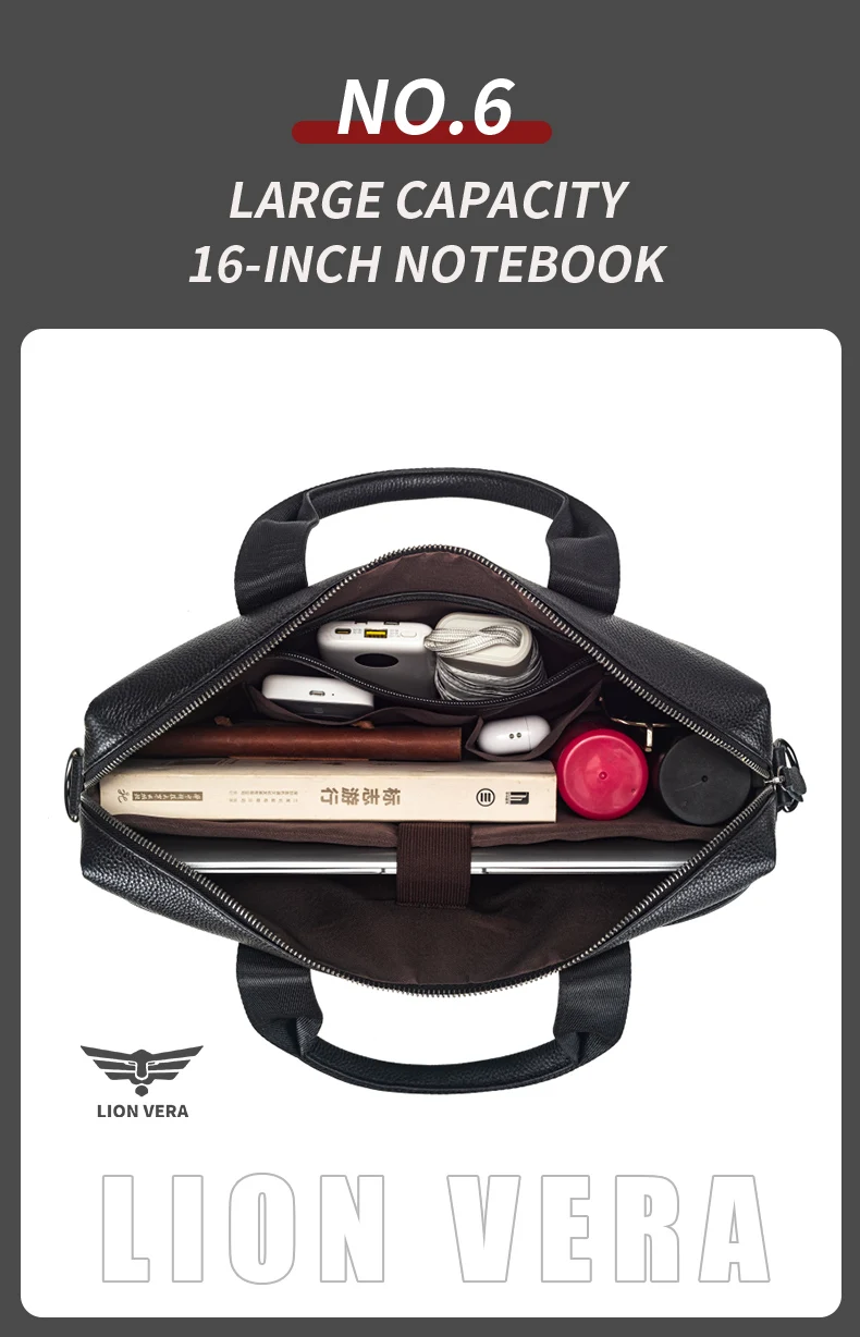 LION VERA Men's Large Capacity Business Commuting Bag Genuine Leather Shoulder Portable Laptop Zipper Crossbody Briefcase