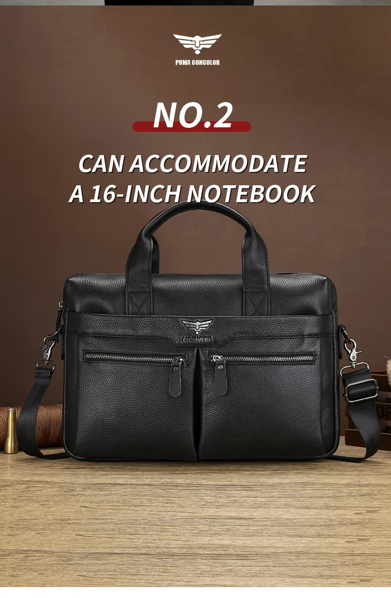 LION VERA Men's Large Capacity Business Commuting Bag Genuine Leather Shoulder Portable Laptop Zipper Crossbody Briefcase
