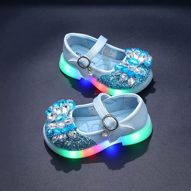 Kids'Casual Shoes Girls Led Light PU Leather Spring Fashion Crystal Flat Bottom Anti-slip Soft Bottom Blue Pink Silver
