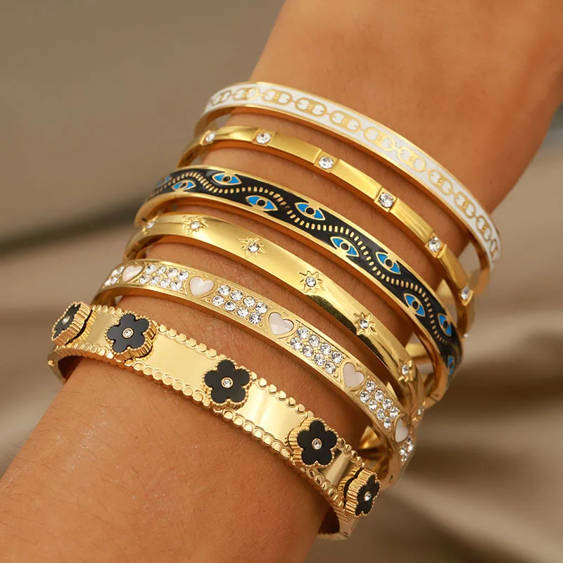 Stainless Steel Metal Crystal Star Flower Bangles&bracelets for Women Fashion Brand Jewelry Oil Eye Bangles Accessories