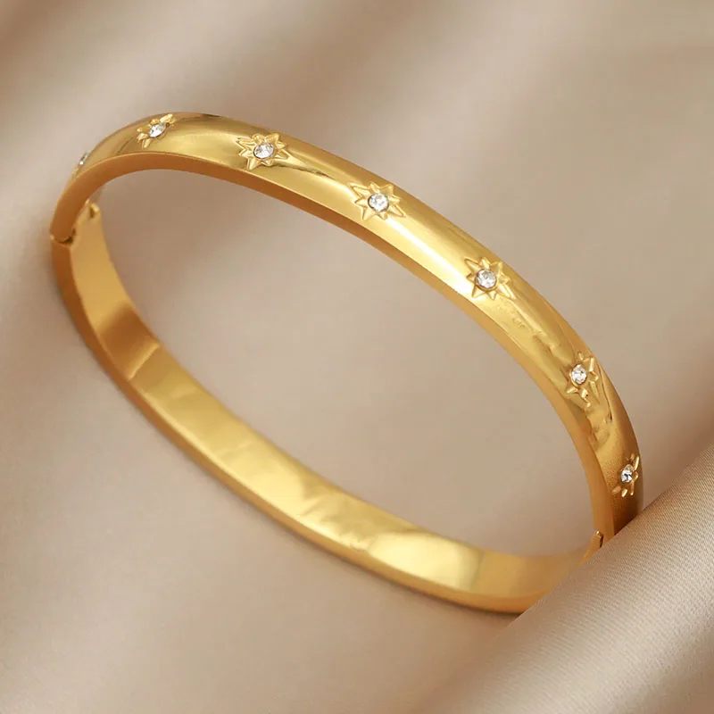 Stainless Steel Metal Crystal Star Flower Bangles&bracelets for Women Fashion Brand Jewelry Oil Eye Bangles Accessories