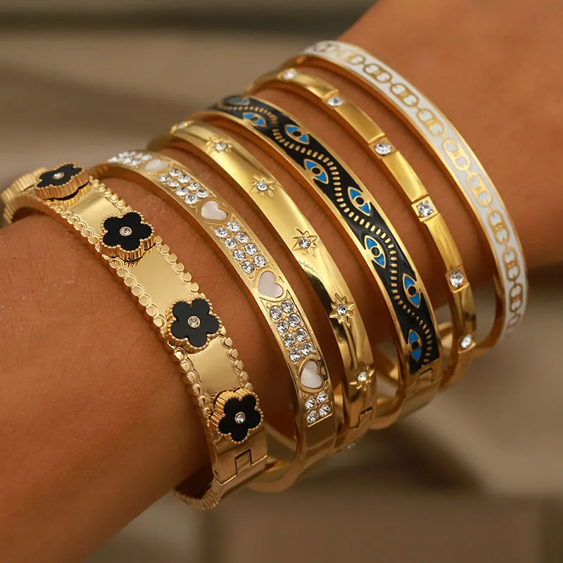 Stainless Steel Metal Crystal Star Flower Bangles&bracelets for Women Fashion Brand Jewelry Oil Eye Bangles Accessories