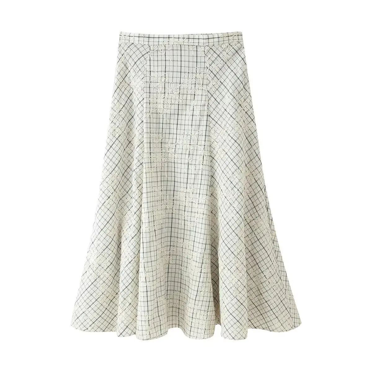 Spring Plaid Embroidered Bow Short Sleeve Blouse Tops and A-line Side Zipper Skirt Women Casual Office Lady Daily Commuting Set