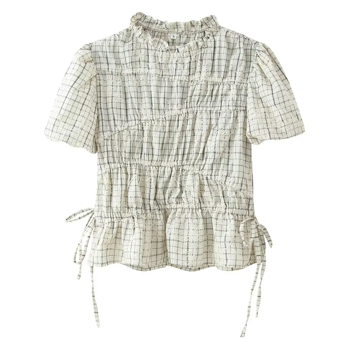 Spring Plaid Embroidered Bow Short Sleeve Blouse Tops and A-line Side Zipper Skirt Women Casual Office Lady Daily Commuting Set