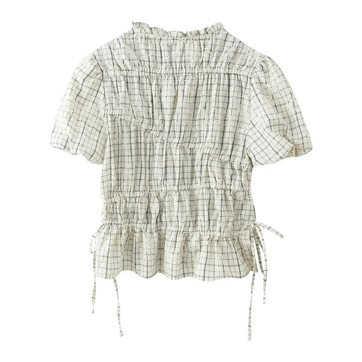 Spring Plaid Embroidered Bow Short Sleeve Blouse Tops and A-line Side Zipper Skirt Women Casual Office Lady Daily Commuting Set