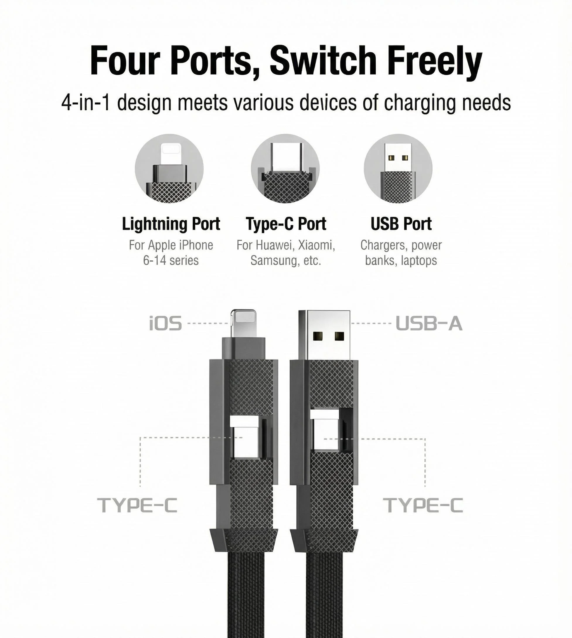 4 in 1 Multi Functional Magnetic Type-C Woven Charging Data Cable Lightning Durable fasting USB C Cord for i Phone HuaWei XiaoMi